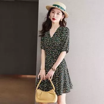 Hangzhou Silk Dress Women s Short Summer Dress 2023 New Big Brand Elegant Slim Looking Mulberry Silk Floral Skirt Black XL