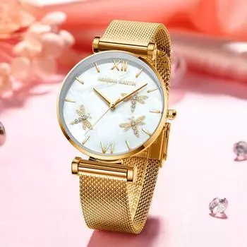 Ханна Мартин Женские Кварцевые Часы Дизайн Япония Жемчужная Раковина Стрекоза Женские Роскошные Бриллианты Гребешок Кожаные Часы Из Нержавеющей Стали Для Женщин Mesh Metal розового золота