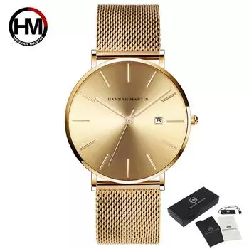 Hannah Martin Classic Bauhaus Design Мужские часы Темно-синие японские кварцевые водонепроницаемые модные деловые часы с календарем Ультратонкие часы чёрный/золотой