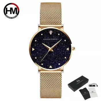 Hannah Martin Japan Movement Night Flash Starry Sky Dial Водонепроницаемые креативные женские часы с бриллиантами Элегантные женские кварцевые часы серебряный