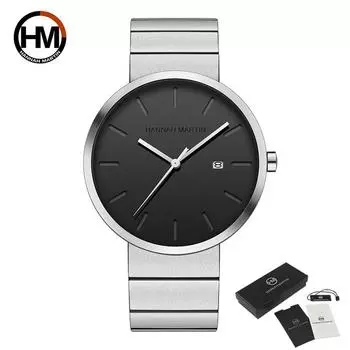 Hannah Martin Кварцевые часы для мужчин Роскошные модные мужские деловые часы Ультратонкий тонкий сетчатый ремень из нержавеющей стали Кварцевые наручные часы чёрный
