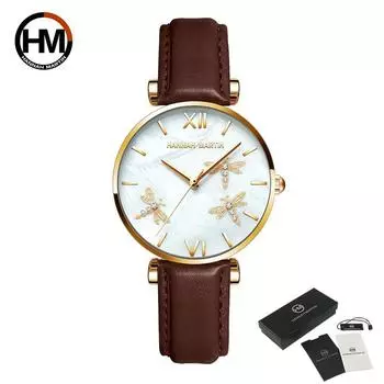 Hannah Martin Кварцевые часы для женщин Дизайн Япония Akoya Pearl Shell Dragonfly Женские роскошные бриллианты Часы из кожи с гребешком из нержавеющей стали Stainless steel розового золота