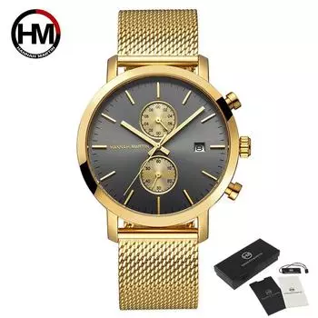 Hannah Martin многофункциональные кварцевые часы с хронографом и сетчатым ремешком, водонепроницаемые мужские часы с большим циферблатом, лучший бренд класса люкс, мужские модные часы чёрный