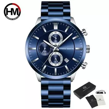 Hannah Martin Модные мужские кварцевые часы Спортивные часы для мужчин Деловые кварцевые наручные часы из нержавеющей стали Роскошные мужские повседневные светящиеся часы-браслет чёрный