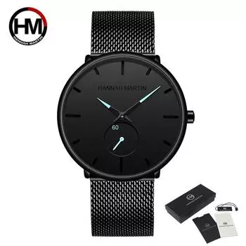 HANNAH MARTIN Мужские часы Черные ультратонкие наручные часы для мужчин Модное водонепроницаемое платье с ремешком из нержавеющей стали Роскошные кварцевые наручные часы синий