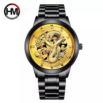 Hannah Martin Нержавеющая сталь Календарь Дракон Бизнес Водонепроницаемые кварцевые мужские часы