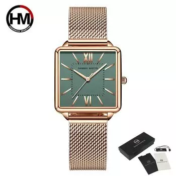 Hannah Martin, японские кварцевые часы с зеленым циферблатом, римские квадратные часы, модные наручные часы, женские часы из розового золота для женщин зелёный