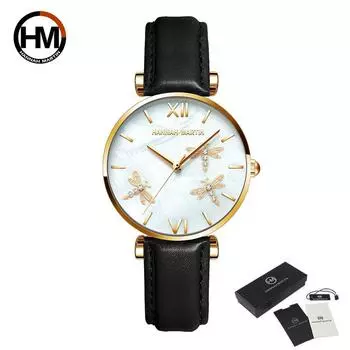 Hannah Martin Роскошные кварцевые часы со стрекозой, женские кожаные ремешки с календарем, водонепроницаемые модные женские наручные часы Mesh Metal розового золота