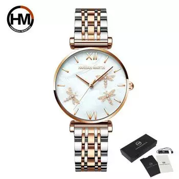Hannah Martin Женские часы Женские кварцевые часы Креативный дизайн Япония Жемчужная ракушка Стрекоза Роскошные бриллианты Гребешок Кожаные стальные часы Наручные часы Mesh Metal розового золота