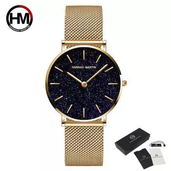 Hannah Martin Женские часы Женские кварцевые часы Япония Кварцевый механизм Звездное небо Наручные часы Модные женские кожаные часы для женщин Ремешок для часов Steel чёрный