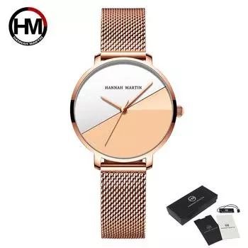 Hannah Martin Женские часы Женские кварцевые часы Модные японские кварцевые часы Роскошный дизайн Стальной сетчатый ремень Водонепроницаемые женские наручные часы серебряный