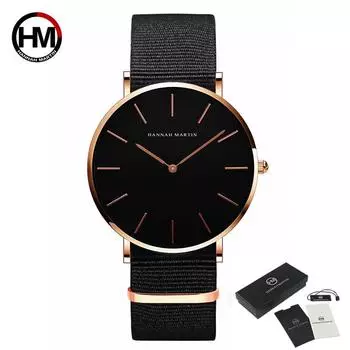 Hannah Martin Женские кварцевые часы 3ATM Водонепроницаемый удобный дышащий спортивный ремешок для часов для женщин Milan Wine Red Canvas Мужской нейлоновый ремешок для часов розового золота/чёрный