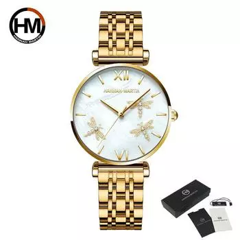 Hannah Martin Женские кварцевые часы Дизайн Япония Akoya Pearl Shell Dragonfly Женские роскошные бриллианты с гребешком Часы из нержавеющей стали Наручные часы Stainless Steel розового золота