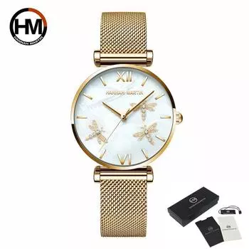 Hannah Martin Женские кварцевые часы Креативный дизайн Япония Жемчужная ракушка Dragonfly Женские роскошные бриллианты Кожаные стальные часы с гребешком для женщин Mesh Metal розового золота