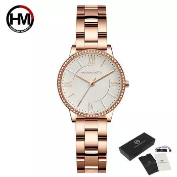 Hannah Martin Женские кварцевые часы с бриллиантами Японские кварцевые наручные часы со стразами Роскошные повседневные женские деловые часы Relogio Feminino Metal strap белый