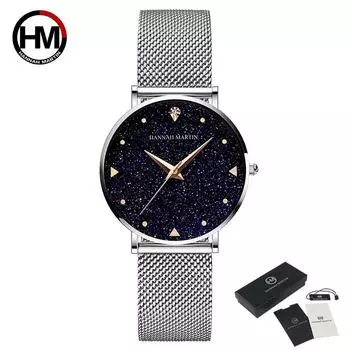 Hannah Martin Женские кварцевые часы с механизмом Night Flash Starry Sky Dial Водонепроницаемые креативные женские часы с бриллиантами Элегантные женские кварцевые часы серебряный