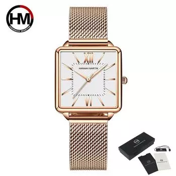 Hannah Martin Женские кварцевые часы Японский кварцевый механизм Зеленый циферблат Квадратные часы Корпус Модные наручные часы Женские часы из розового золота для женщин зелёный