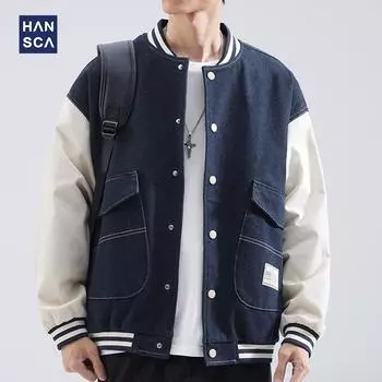 Hansca American Retro Contrasting Denim Jacket Men s Trending Brand Loose Large Size Lace Baseball Jacket Jacket M джинсовый синий