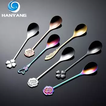 HANYANG304 Совок для кофе из нержавеющей стали в форме цветка, титановый, позолоченный, красочный