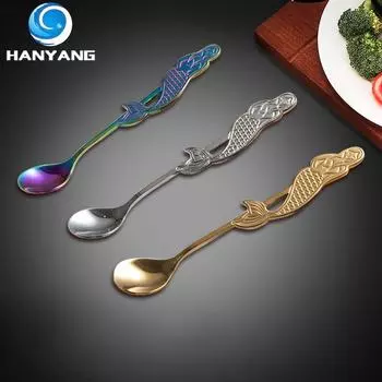 HANYANG 304 Кофейная ложка из нержавеющей стали Креативная ложка-русалка с титановым покрытием Ложка для перемешивания с длинной ручкой Мультяшная красочная ложка Десертная ложка