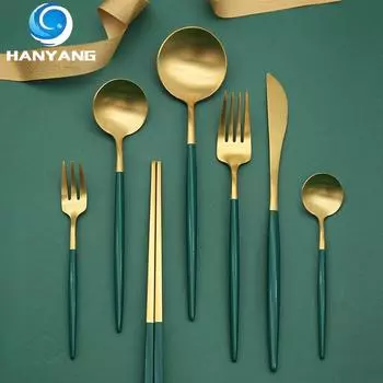 HANYANG 304 нержавеющая сталь, утолщенная круглая ручка, изумрудная ложка и вилка, бытовые столовые приборы для отеля, палочки для еды из зеленого золота