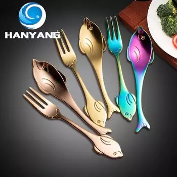 HANYANG Новая креативная милая ложка в виде дельфина, кофейная ложка из нержавеющей стали 304, нож и вилка, ослепительная цветная ложка для перемешивания