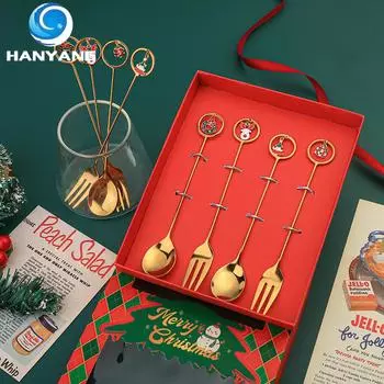 HANYANG Рождественская десертная ложка и вилка из нержавеющей стали, подарочный набор, фруктовая вилка, кофейная ложка для Деда Мороза, бытовая посуда для отеля