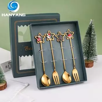 HANYANG Рождественская ложка для перемешивания Десертная вилка Рождественский подарок Золотая фруктовая вилка Пятиконечная звезда Рождественская елка Маленькая вилка