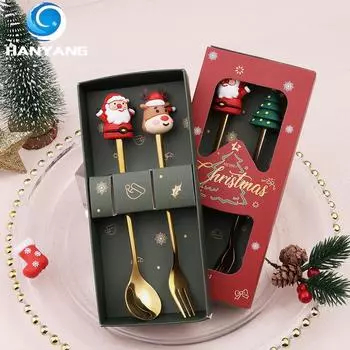 HANYANG Рождественский набор ложек Рождественский подарок Столовые приборы Два набора десертных ложек и вилок Ложка для куклы Санта-Лося