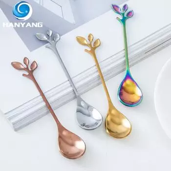 HANYANG Вилка для фруктов из нержавеющей стали с золотыми листьями Креативная вилка из нержавеющей стали Ложка Красочная ложка для перемешивания кофе