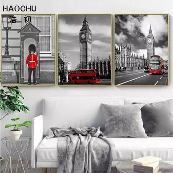 HAOCHU Британский солдат уличный красный автомобиль телефонная будка Биг Бен черно-белый художественный холст картина печать плакат изображение без рамы 21X30cm No Frame