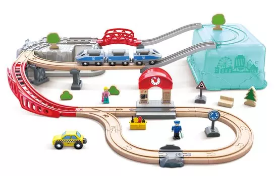 Hape E3771 Tidying Up City Rail Box Rail Set 75 x 87 x 14 cm Ages Wooden Educational Toy 3+