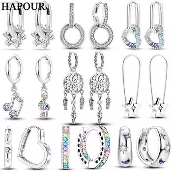 HAPOUR S925 серебро серьги-кольца Луна Звезда Ловец снов цветной циркон изящные серьги ювелирные изделия подарок для женщин