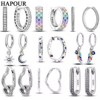 HAPOUR S925 Серебряные женские серьги-кольца, модные серьги-кольца, подарок для девочек, сверкающие серьги с фианитами в форме сердца, звезды и Луны