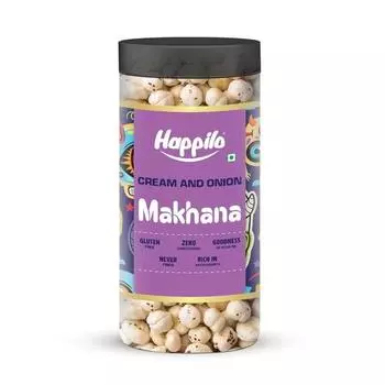 Happilo Makhana Cream & Onion Jar 80g, жареный фоксовый орех, полезная закуска, низкокалорийная, без глютена и веганская