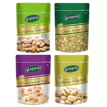 Happilo Premium Dry Fruits Combo Pack of 4 | Калифорнийский миндаль, зеленый изюм, цельные кешью, жареные фисташки | Всего 850 г