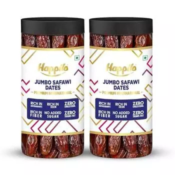 Happilo Premium Safawi Финики Банка 400 г (Упаковка из 2 шт.), Богат железом, антиоксидантами, клетчаткой и витаминами, имеет жевательную текстуру, натуральную сладость