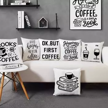 Happiness Is First Coffee Good Book White Cushion Cover Pillow Case Decor Home Pillows Decorative Office Cafe Sofa Gift Cojines 450mm*450mm