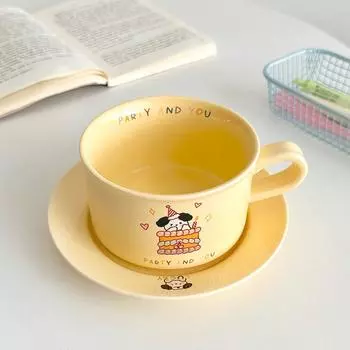Happy Birthday Cup and Saucer-hand-painted Cute Coffee Cup Ins Ceramic High Color Value Cup and Saucer Gift for Birthday
