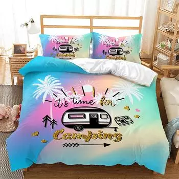 Happy Camping Duvet Cover Microfiber Camping Travel Car Tree Bedding Set Camper Comforter Cover Queen For Kids Boys Girls Teens 150x200cm 3pcs