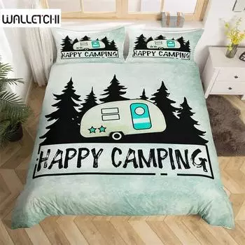 Happy Camping Duvet Cover Queen Cartoon Caravan Camping Bedding Set Farmhouse Style 3D Camper Comforter Cover With Pillowcases 135x200cm 2pcs