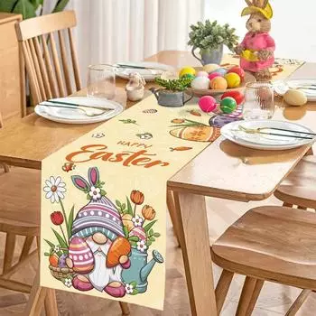 Happy Easter Bunny Eggs Gnome Linen Table Runner Party Decor Spring Tulip Flowers Table Runners Dresser Scarf Dining Table Decor 150x33cm 59x13inch