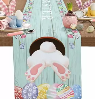 Happy Easter Bunny Tail Egg Wood Grain Linen Table Runner Home Party Decor Spring Flowers Table Runner Dresser Scarf Table Decor 150x33cm 59x13inch