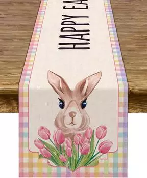 Happy Easter Rabbit Buffalo Plaid Linen Table Runner Spring Tulip Flowers Bunny Table Runners Kitchen Dining Table Easter Decor 150x33cm 59x13inch