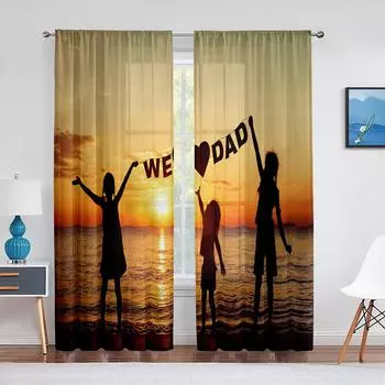 Happy Father‘s Day Sheer Voile Curtain Ocean Beach Sunset Kids Silhouettes Window Tulle Curtains for Living Room Bedroom Decor 1 PCS W100XH250cm&Rod Pocket