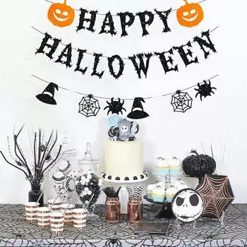 Happy Halloween Banner Spider Skull Ghost Pattern Wall Bunting Garland Flags Kids Horror Halloween Trick or Treat Party Decor