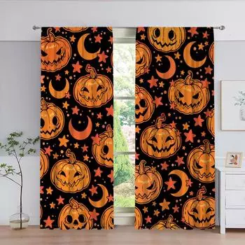 Happy Halloween Cartoon Ghost Pumpkin Witch Window Curtain for Kids Living Room Bedroom Bathroom Kicthen Door Cupboard Hooks W50 X H130(CM)X2&Hook