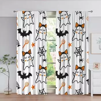 Happy Halloween Cartoon Ghost Pumpkin Witch Window Curtain for Kids Living Room Bedroom Bathroom Kicthen Door Cupboard Hooks W50 X H130(CM)X2&Hook