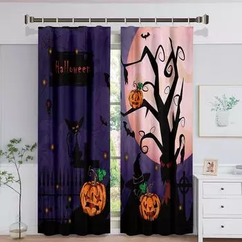 Happy Halloween Castle Тыква Ведьма Луна Окно Шторы для Детей Гостиная Спальня Ванная Кухня Дверь Шкаф Декор Крючки W50 X H130(CM)X2&Hook