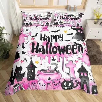 Happy Halloween Duvet Cover Double Stars Bat Ghost Cat Pumpkin Comforter Cover Cartoon Holiday Pink Purple Graffiti Quilt Cover 70x133cm 2pcs